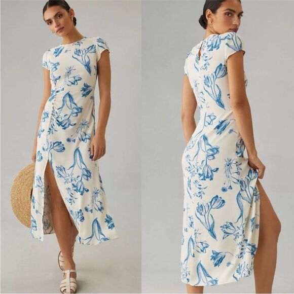 Reformation Frasier Short Sleeve Midi Dress in Lisse White Blue NEW $248 - Picture 2 of 6